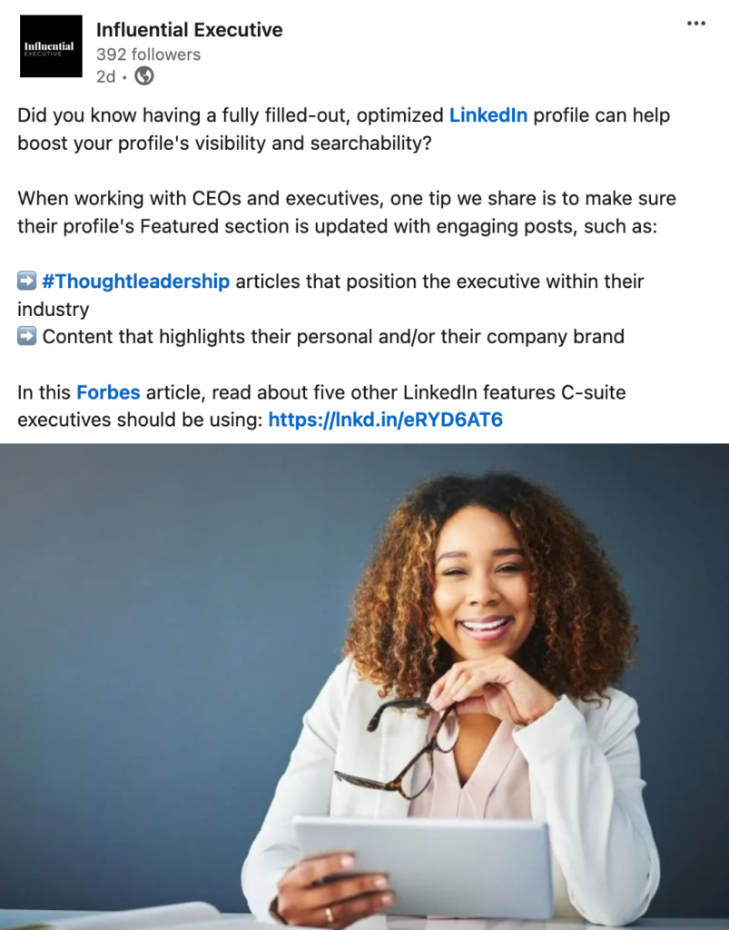 screenshot example of linkedin post with a natively uploaded image and link in the post copy